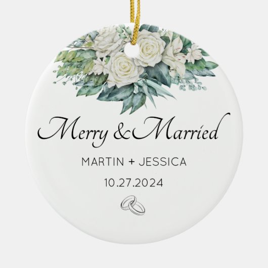 Vrolijk en getrouwd met onze eerste kerstbloem keramisch ornament (Voorkant)