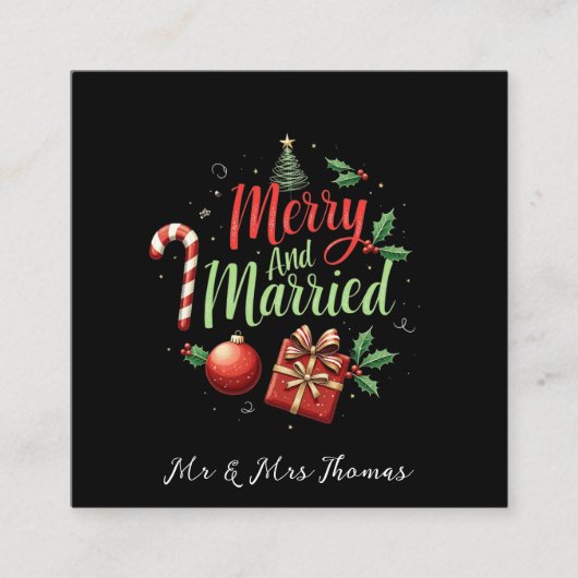 Vrolijk en getrouwd om je eerste kerst te vieren vierkante visitekaartje (Voorkant)