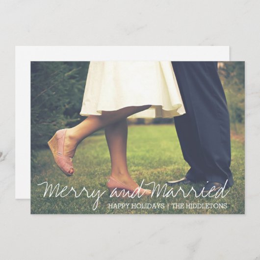 Vrolijk en getrouwd script eerste kerstfoto feestdagenkaart (Voorkant / Achterkant)