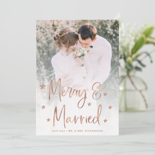 Vrolijk en getrouwd | Script sterren en foto's Feestdagenkaart (Staand voorkant)