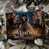 Vrolijk en getrouwd swirl vakantie bruiloft foto folie feestdagenkaart