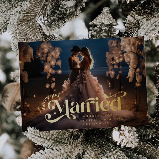 Vrolijk en getrouwd swirl vakantie bruiloft foto folie feestdagenkaart