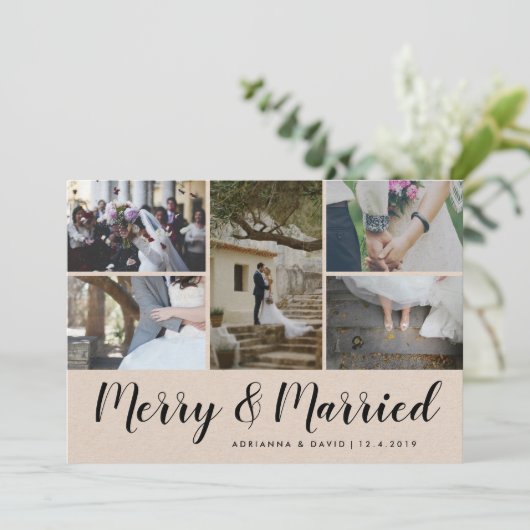 Vrolijk en getrouwd | Vijf foto's | kerstbruiloft Feestdagenkaart (Staand voorkant)