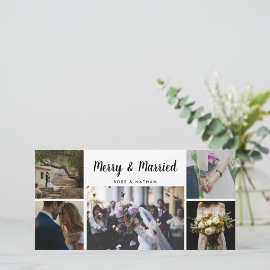 Vrolijk en getrouwd | Wedding Five Photo Holiday Feestdagenkaart (Staand voorkant)