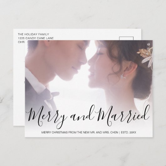 Vrolijk en getrouwd zwart-wit Pas getrouwd Elegant Feestdagenkaart (Voorkant / Achterkant)