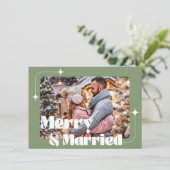Vrolijk en getrouwde foto bruiloft retro groen feestdagenkaart (Staand voorkant)