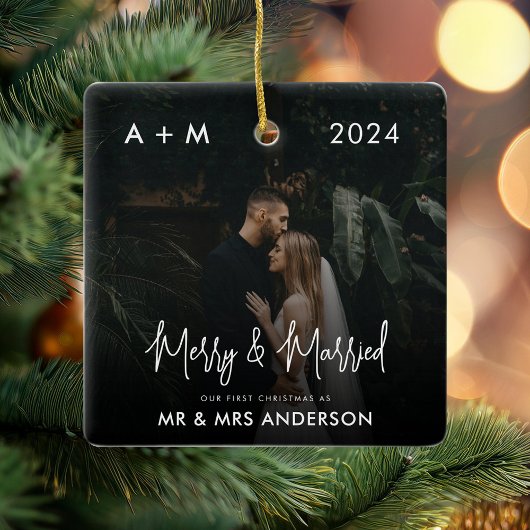 Vrolijk en getrouwde Pas getrouwd eerste kerstfoto Keramisch Ornament