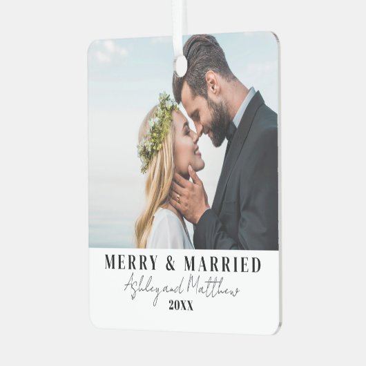 Vrolijk en getrouwde Passen getrouwd Kerstfoto Metalen Ornament (Voorkant links)