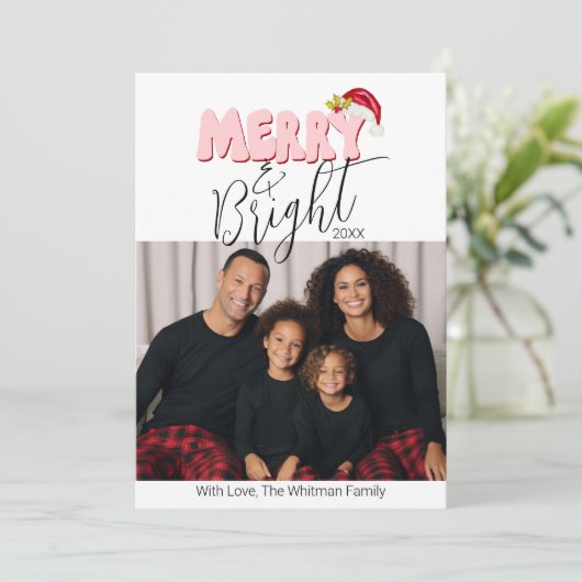 Vrolijk en helder 3 Familie Foto Retro Kerstmis Feestdagenkaart (Staand voorkant)