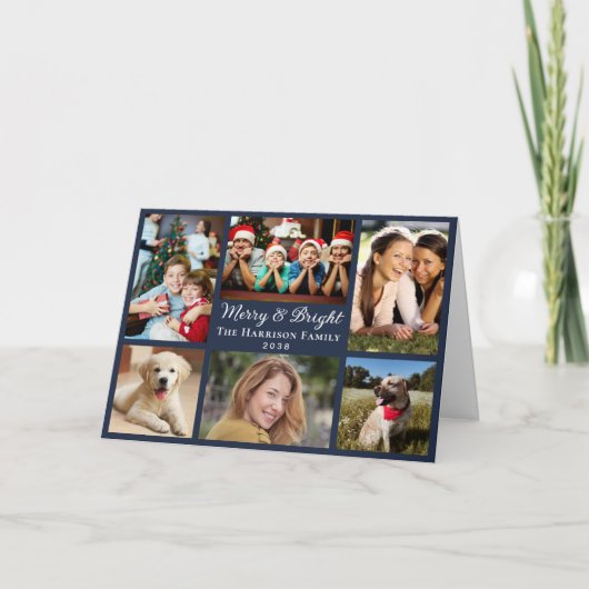 Vrolijk en helder 6 foto collage blauwe kerst feestdagen kaart (Voorkant)