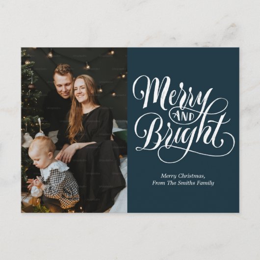 Vrolijk en helder blauw kalligrafie moderne foto feestdagenkaart (Voorkant)