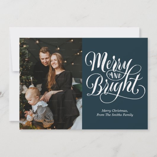 Vrolijk en helder blauw kalligrafie moderne foto feestdagenkaart (Voorkant)