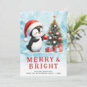 Vrolijk en helder blauw rood aangepaste kerstpingu feestdagenkaart (Staand voorkant)