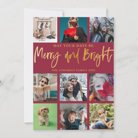 Vrolijk en helder Chic Red & Faux Gold 9 Foto Feestdagenkaart (Voorkant)