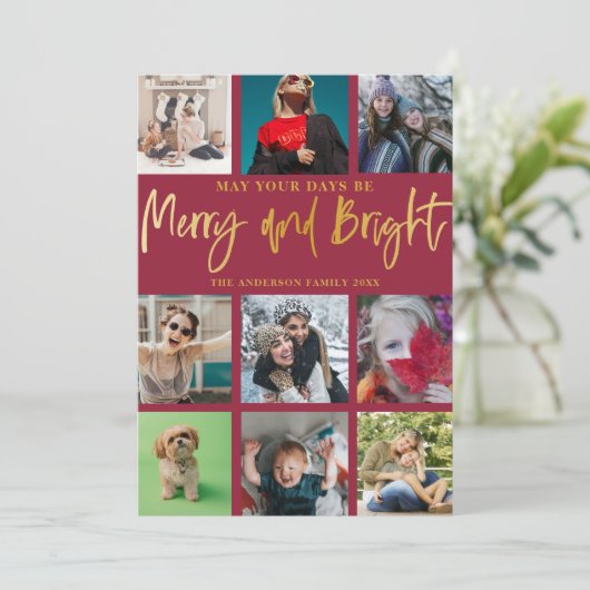 Vrolijk en helder Chic Red & Faux Gold 9 Foto Feestdagenkaart (Staand voorkant)