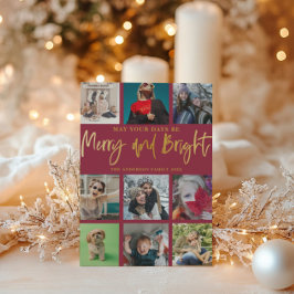 Vrolijk en helder Chic Red & Faux Gold 9 Foto Feestdagenkaart