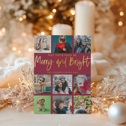 Vrolijk en helder Chic Red & Faux Gold 9 Foto Feestdagenkaart