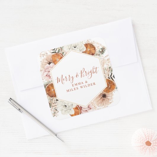 Vrolijk en helder citrus dennen vakantie bloem vierkante sticker (Envelop)