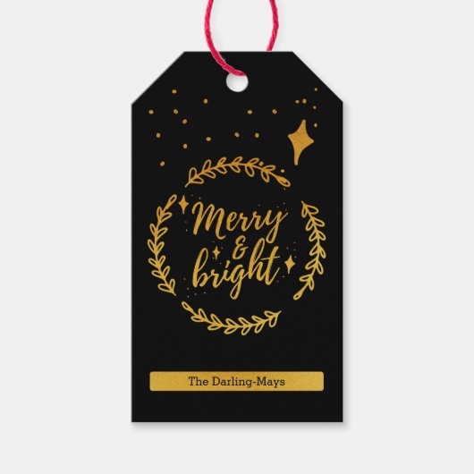 Vrolijk en helder Eenvoudig Zwart en Goud Kerstmis Cadeaulabel (Voorkant)