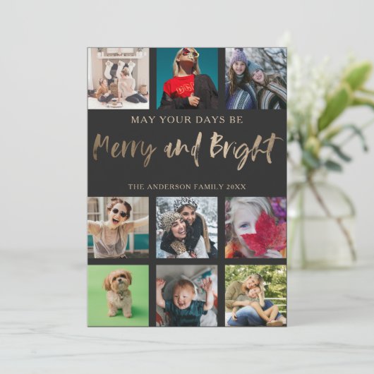 Vrolijk en helder Faux Gold 9 Foto Kerstmis Feestdagenkaart (Staand voorkant)