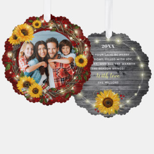 Vrolijk en helder foto rustieke zonnebloem kerst ornament kaart