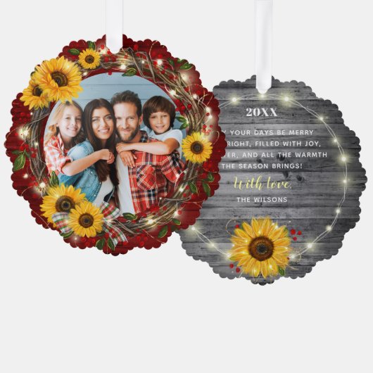 Vrolijk en helder foto rustieke zonnebloem kerst ornament kaart (Voorkant / Achterkant)