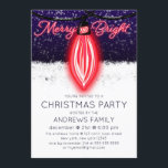 Vrolijk en helder gloeiende bliklamp kaart<br><div class="desc">Deze moderne en coole kerstfeestelijke uitnodiging is perfect voor het feestseizoen. Het is voorzien van een handgetekende reuzenrode kerstlamp met een gloeiende rode kerstbol en hangende streng illustratie met de zin "Merry and Bright" in neongloeiende lichten bovenop een donkerblauwe en witte sneeuwachtergrond. Het is uniek, leuk, eenvoudig en speels; het...</div>