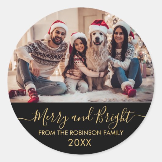 Vrolijk en helder gouden script zwarte foto kerst ronde sticker (Voorkant)