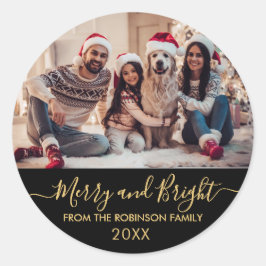 Vrolijk en helder gouden script zwarte foto kerst ronde sticker