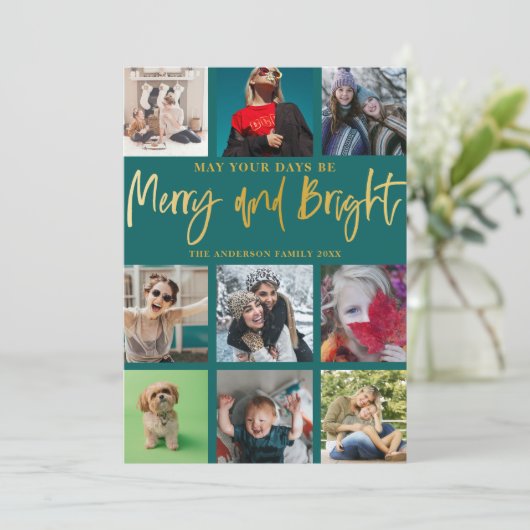 Vrolijk en helder groen & Faux Gold Foto Kerstmis Feestdagenkaart (Staand voorkant)