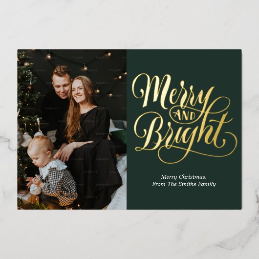 Vrolijk en helder groen goud kalligrafie foto folie feestdagenkaart (Voorkant)