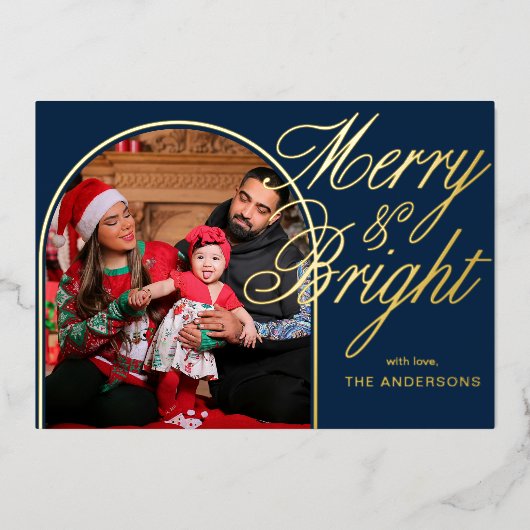 Vrolijk en helder kerstfeest Familiefoto Folie Feestdagenkaart (Voorkant)