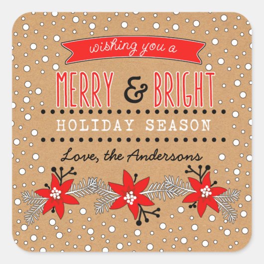 Vrolijk en helder kerstfeest. Floral Kraft Paper Vierkante Sticker (Voorkant)