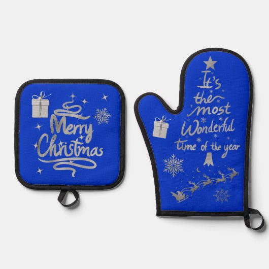 Vrolijk en helder kerstfeest in zilver en blauw | ovenwant & pannenlap set (Voorkant)