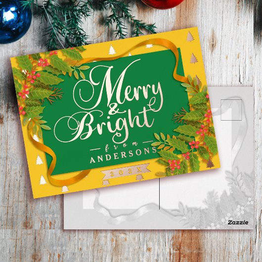 Vrolijk en helder kerstgeel groen folie feestdagen briefkaart
