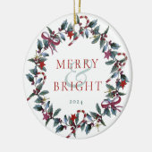 Vrolijk en helder kerstgroen krans foto keramisch ornament (Links)