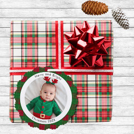 Vrolijk en helder Kerstmis Foto Rood Groen Plaid Ornament Kaart