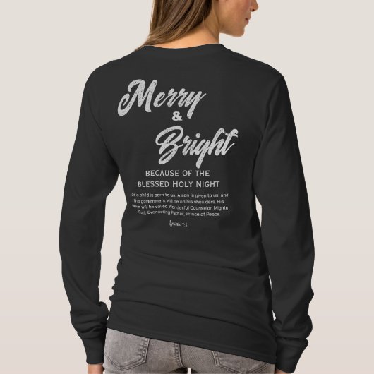 Vrolijk en helder Kerstmis Wit Script Zwart T-shirt (Achterkant)