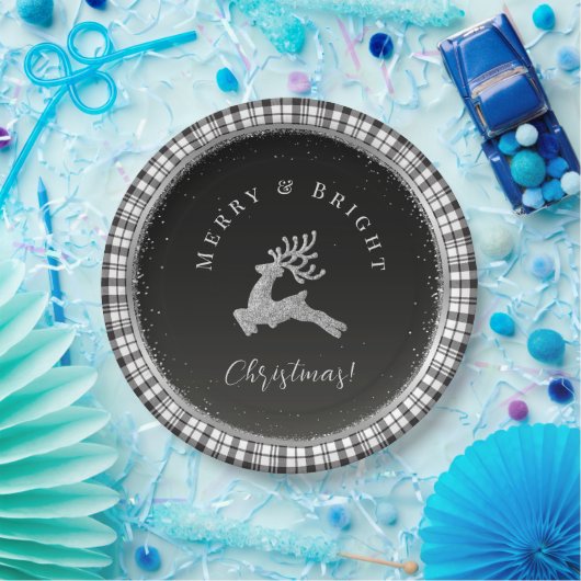 Vrolijk en helder kerststal zwart wit geruit papieren bordje (Feest)