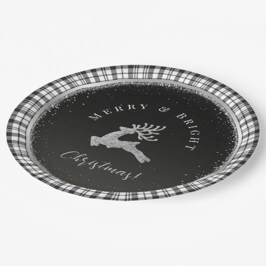 Vrolijk en helder kerststal zwart wit geruit papieren bordje (Gekanteld)