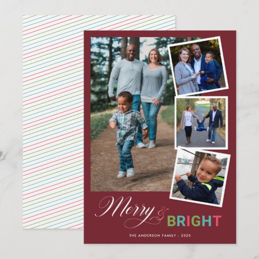 Vrolijk en helder, kleurrijk 4-fotokerst feestdagenkaart (Voorkant / Achterkant)
