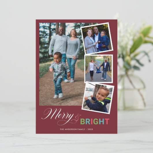 Vrolijk en helder, kleurrijk 4-fotokerst feestdagenkaart (Staand voorkant)