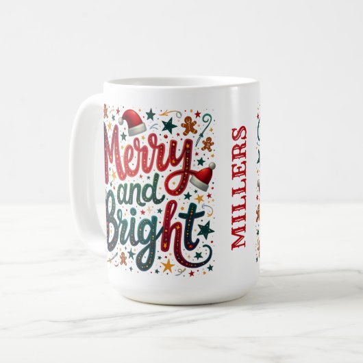 Vrolijk en helder kleurrijke feestelijke retrotypo koffiemok (Voorkant links)