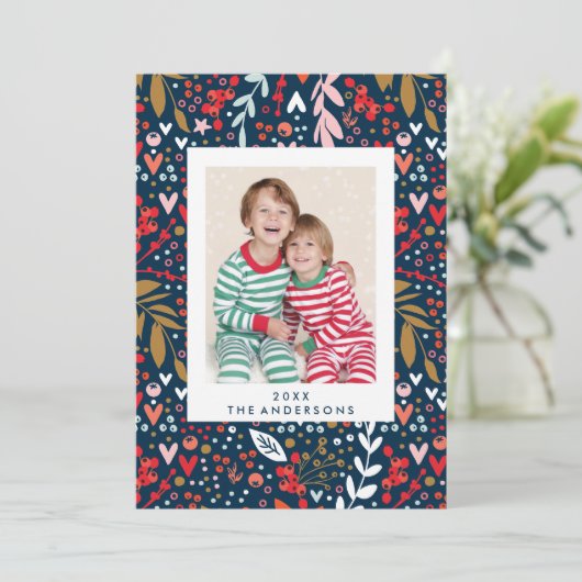 Vrolijk en helder marine botanische kerst foto feestdagenkaart (Staand voorkant)