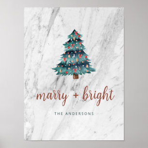 Vrolijk en helder marmeren kerstboom en script poster