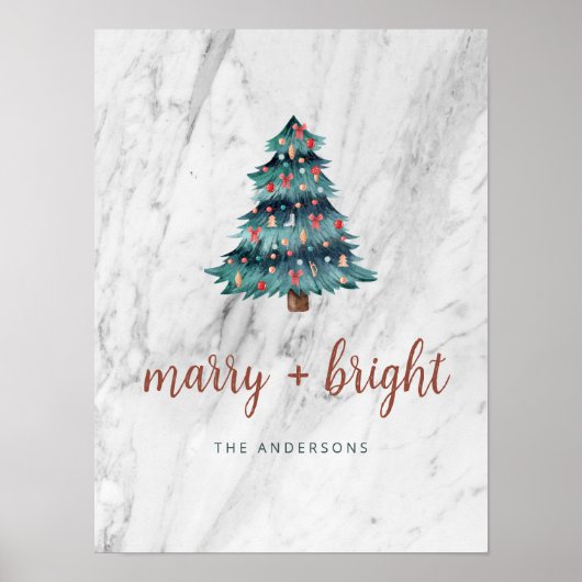 Vrolijk en helder marmeren kerstboom en script poster (Voorkant)