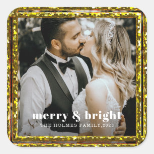 Vrolijk en helder modern Kerstmis paar foto Vierkante Sticker