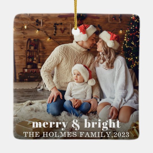 Vrolijk en helder | Moderne Kerstmis familie Foto Keramisch Ornament (Achterkant)