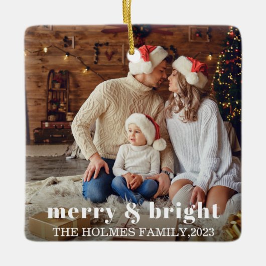 Vrolijk en helder | Moderne Kerstmis familie Foto Keramisch Ornament (Voorkant)