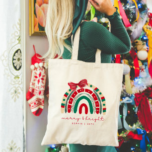 Vrolijk en helder Moderne rode en groene kerst Tote Bag